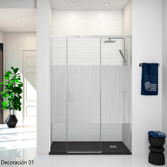 Mampara de ducha Yaiza Becrisa vidrops decorativosl, 1 puerta corredera central + 2 fijos, perfil cromo, diseño elegante y versátil, Errefe Home