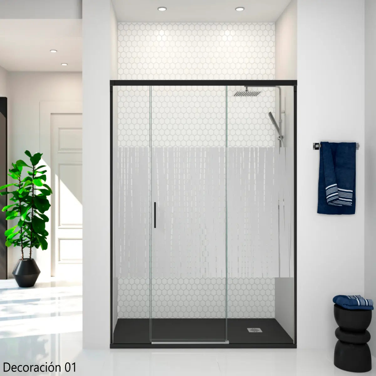 Mampara de ducha Yaiza Becrisa vidrops decorativosl, 1 puerta corredera central + 2 fijos, perfil negro, diseño elegante y versátil, Errefe Home