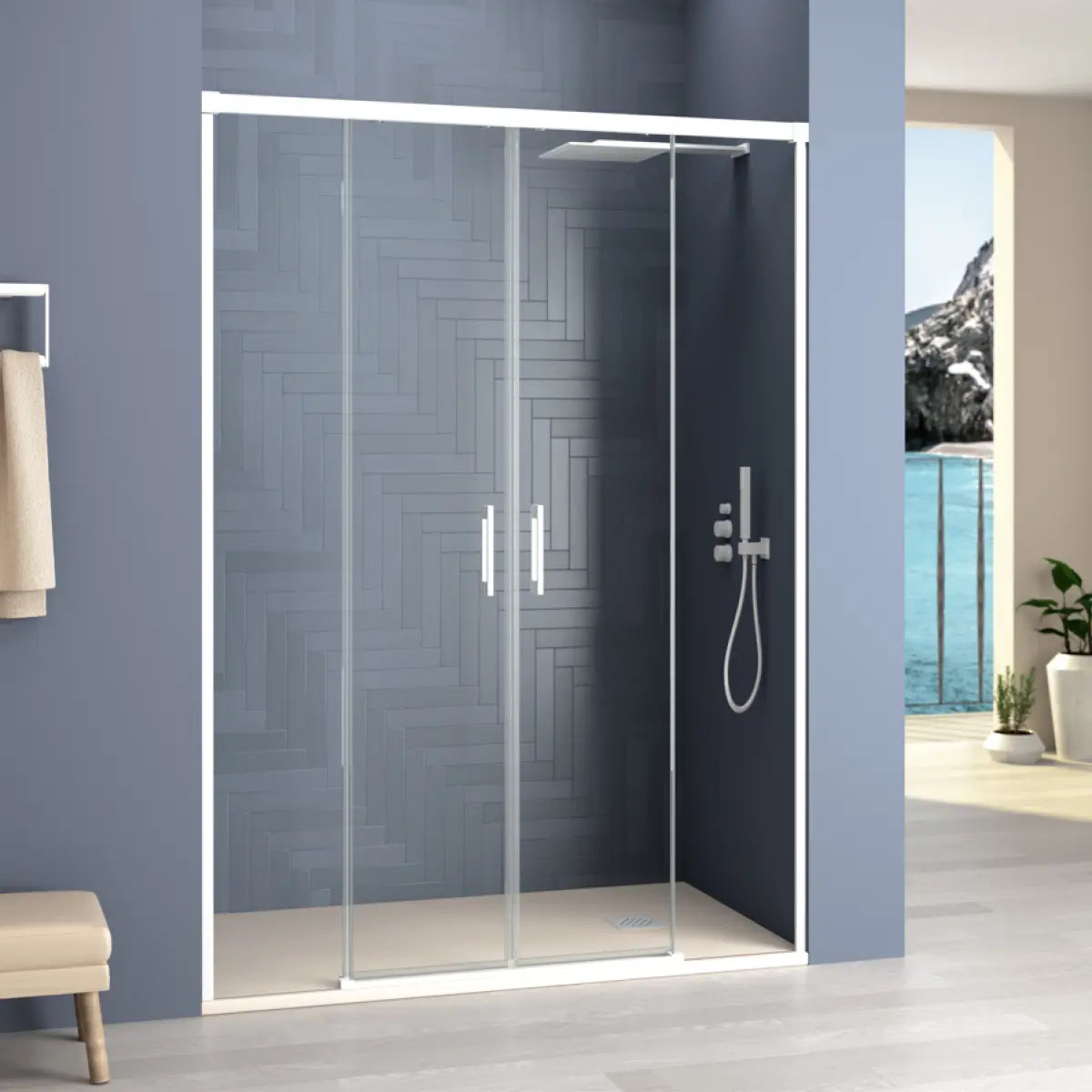Mampara de ducha Yaiza Becrisa vidrios transparentes, 2 correderas + 2 fijos, perfil blanco, diseño elegante, Errefe Home