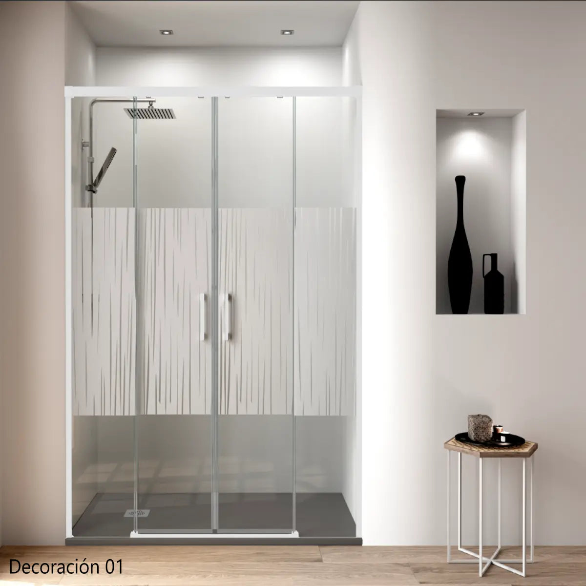 Mampara de ducha Yaiza Becrisa frontal decorativa, 2 correderas + 2 fijos, perfil blanco, diseño elegante, Errefe Home