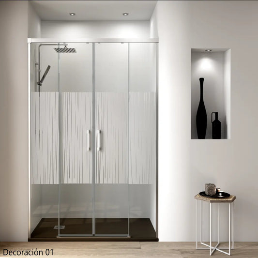 Mampara de ducha Yaiza Becrisa frontal decorativa, 2 correderas + 2 fijos, perfil cromo, diseño elegante, Errefe Home