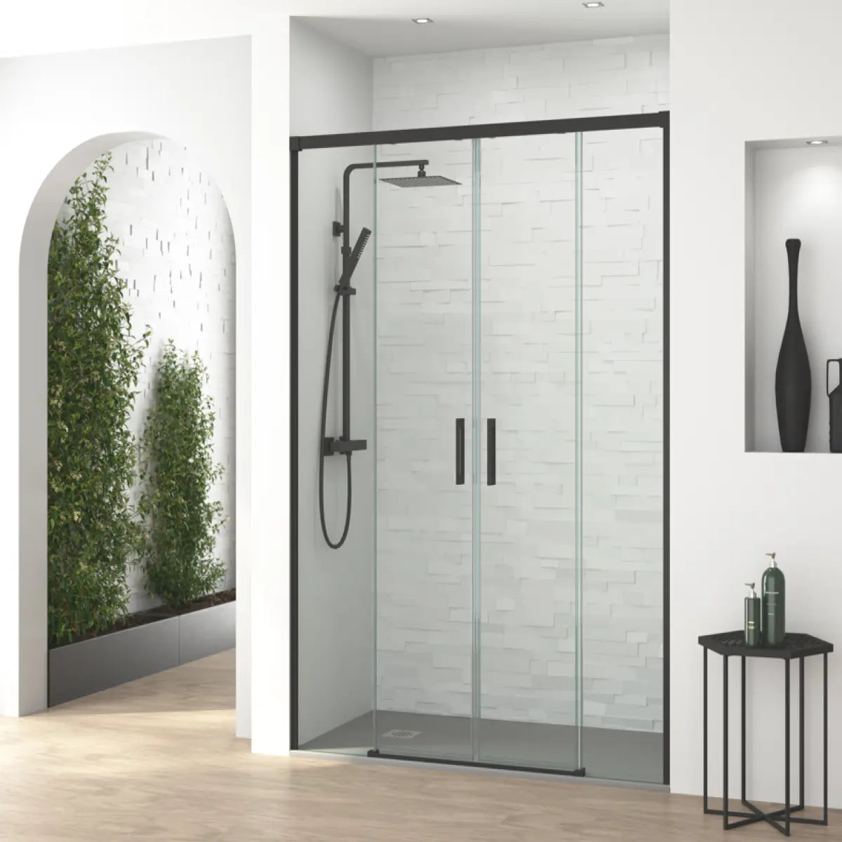 Mampara de ducha Yaiza Becrisa vidrios transparentes, 2 correderas + 2 fijos, perfil negro, diseño elegante, Errefe Home