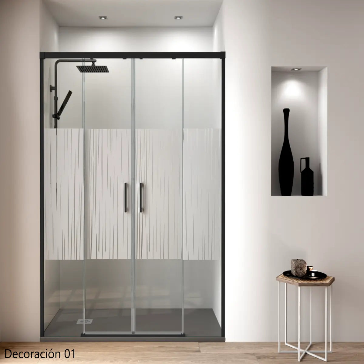 Mampara de ducha Yaiza Becrisa frontal decorativa, 2 correderas + 2 fijos, perfil negro mate, diseño elegante, Errefe Home
