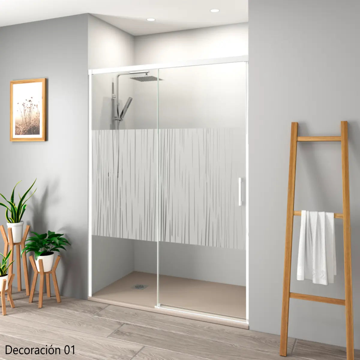Mampara de ducha Yaiza Becrisa., vidrios decorativos, 1 puerta corredera + 1 fijo, perfil blanco, diseño actual y versátil, Errefe Home