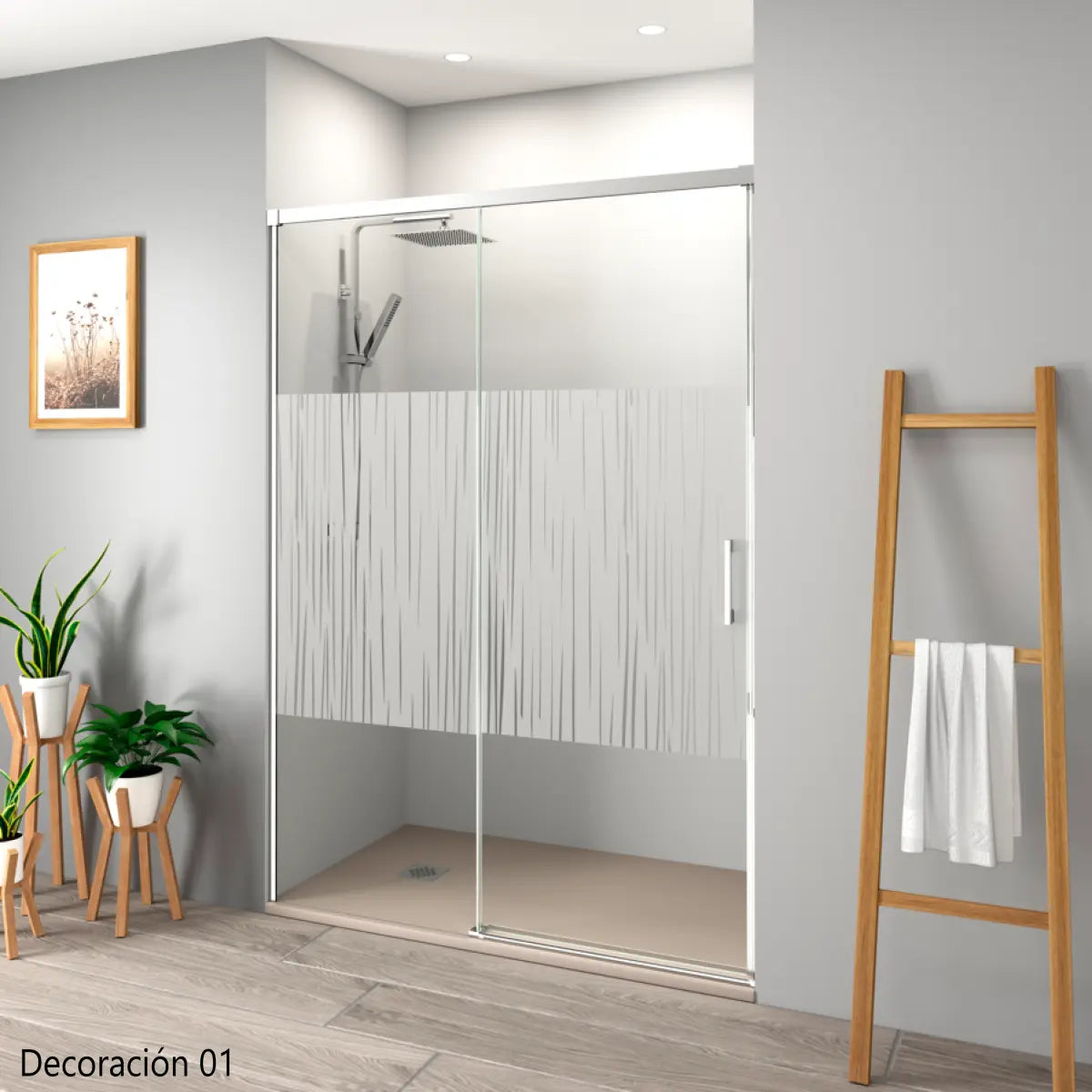 Mampara de ducha Yaiza Becrisa., vidrios decorativos, 1 puerta corredera + 1 fijo, perfil cromo, diseño actual y versátil, Errefe Home