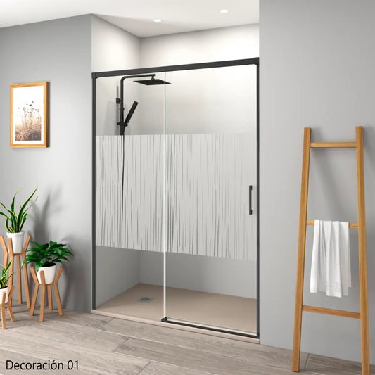 Mampara de ducha Yaiza Becrisa., vidrios decorativos, 1 puerta corredera + 1 fijo, perfil negro, diseño actual y versátil, Errefe Home