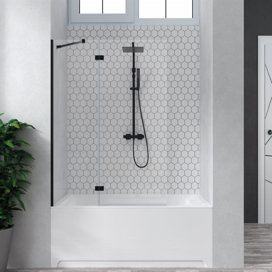 Mampara de bañera Zahara Becrisa, 1 fijo + panel con bisagra abatible, perfil negro, diseño premium y singular, Errefe Home