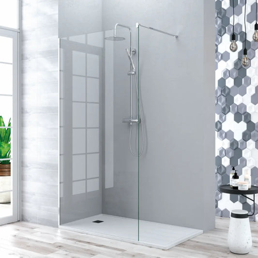 Mampara de ducha Manacor Kassandra, panel fijo con vidrio transparente, perfil cromo, diseño minimalista y elegante, Errefe Home