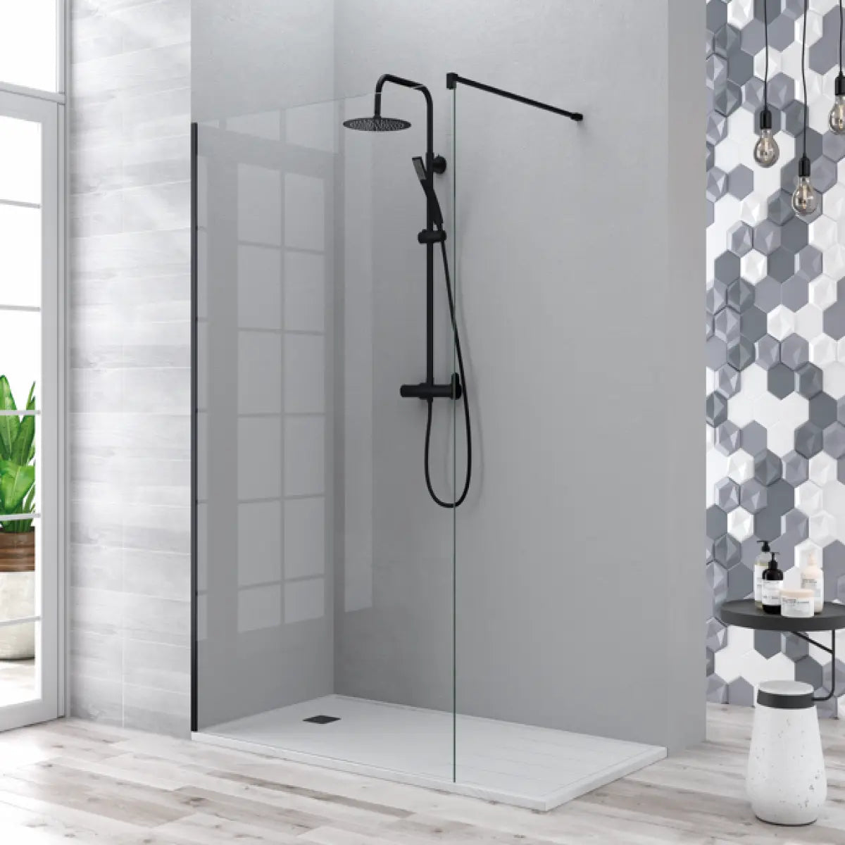 Mampara de ducha Manacor Kassandra, panel fijo con vidrio transparente, perfil negro mate, diseño minimalista y elegante, Errefe Home