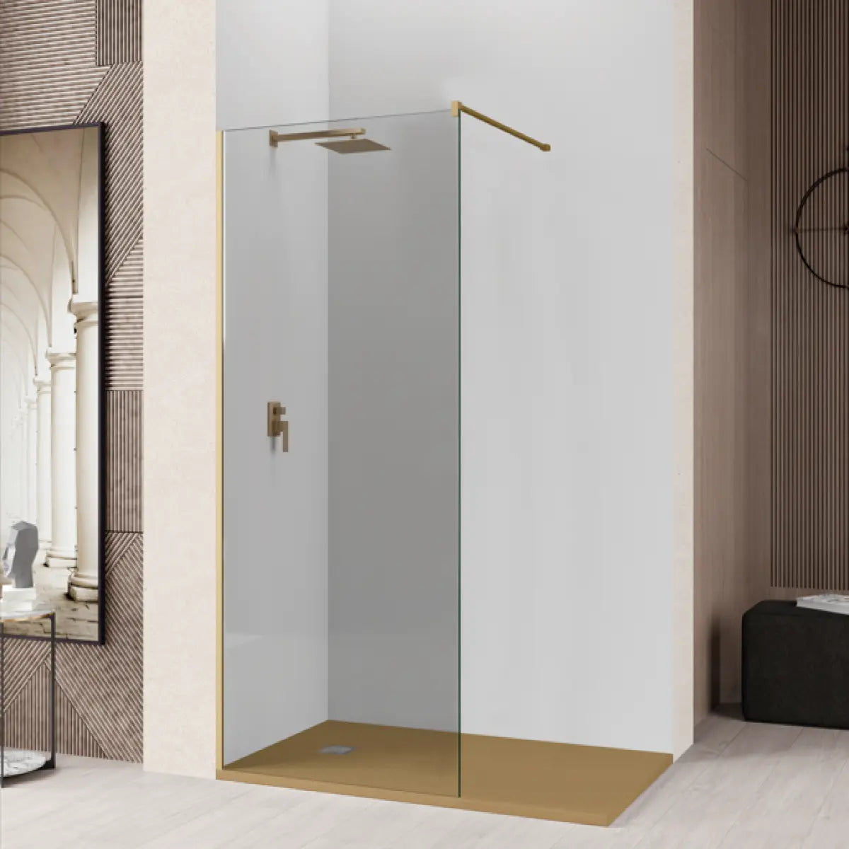 Mampara de ducha Manacor Kassandra, panel fijo con vidrio transparente, perfil acabado oro, diseño minimalista y elegante, Errefe Home