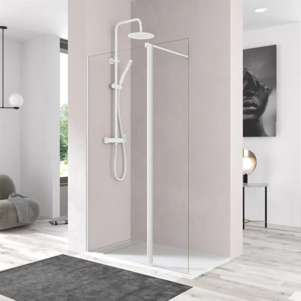Mampara de ducha DENIA Becrisa vidrios transparentes, fijo + extensión abatible, perfil blanco, diseño moderno y funcional, Errefe Home