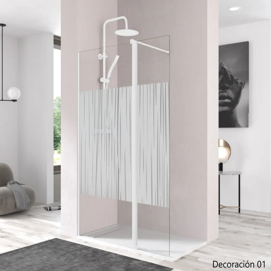 Mampara de ducha DENIA Becrisa vidrios decorativos, fijo + extensión abatible, perfil blanco, diseño moderno y funcional, Errefe Home
