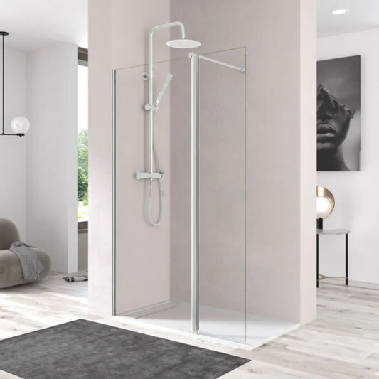 Mampara de ducha DENIA Becrisa vidrios transparentes, fijo + extensión abatible, perfil cromo, diseño moderno y funcional, Errefe Home