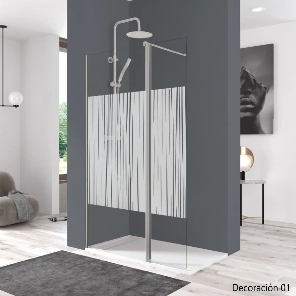 Mampara de ducha DENIA Becrisa vidrios decorativos, fijo + extensión abatible, perfil cromo, diseño moderno y funcional, Errefe Home
