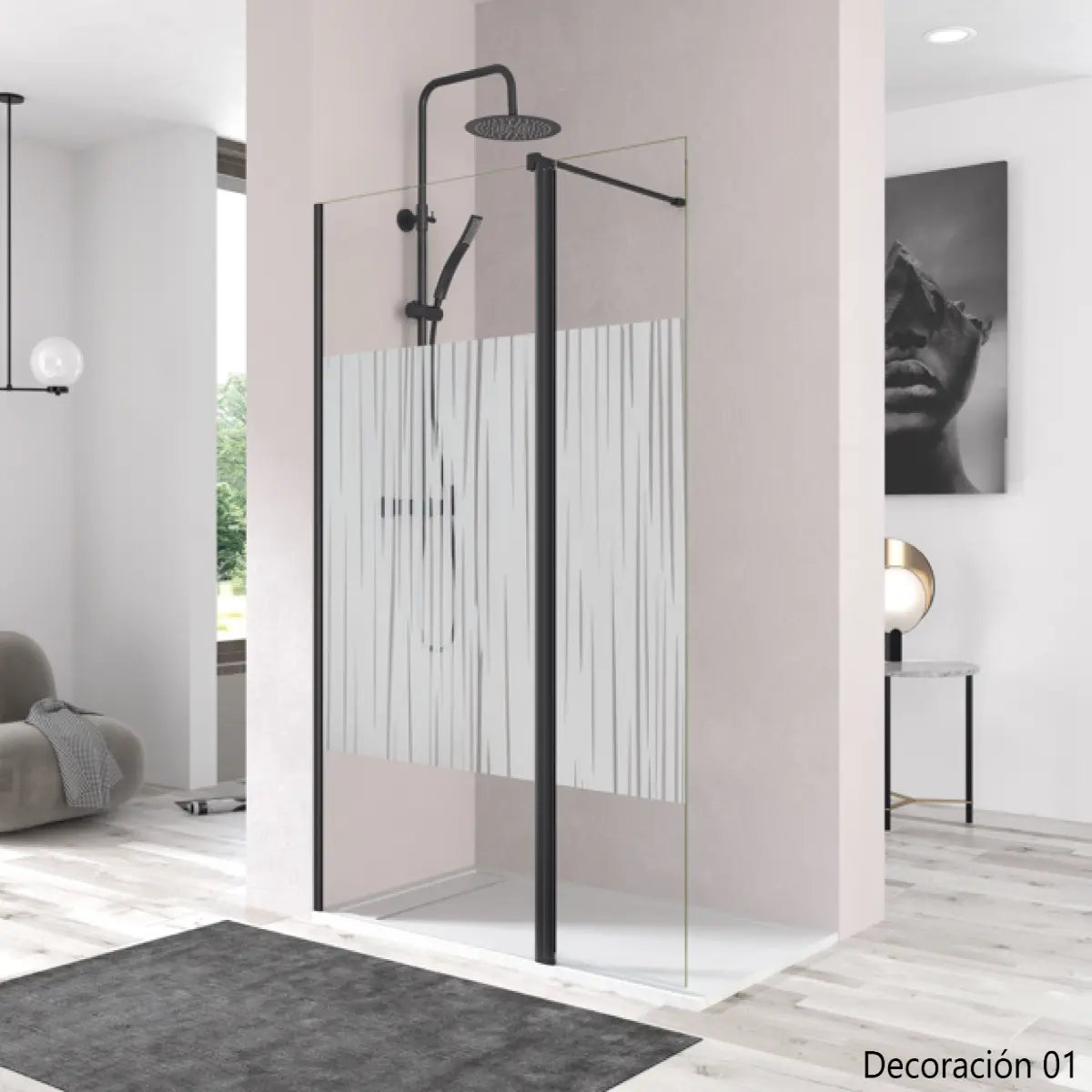 Mampara de ducha DENIA Becrisa vidrios decorativos, fijo + extensión abatible, perfil negro, diseño moderno y funcional, Errefe Home