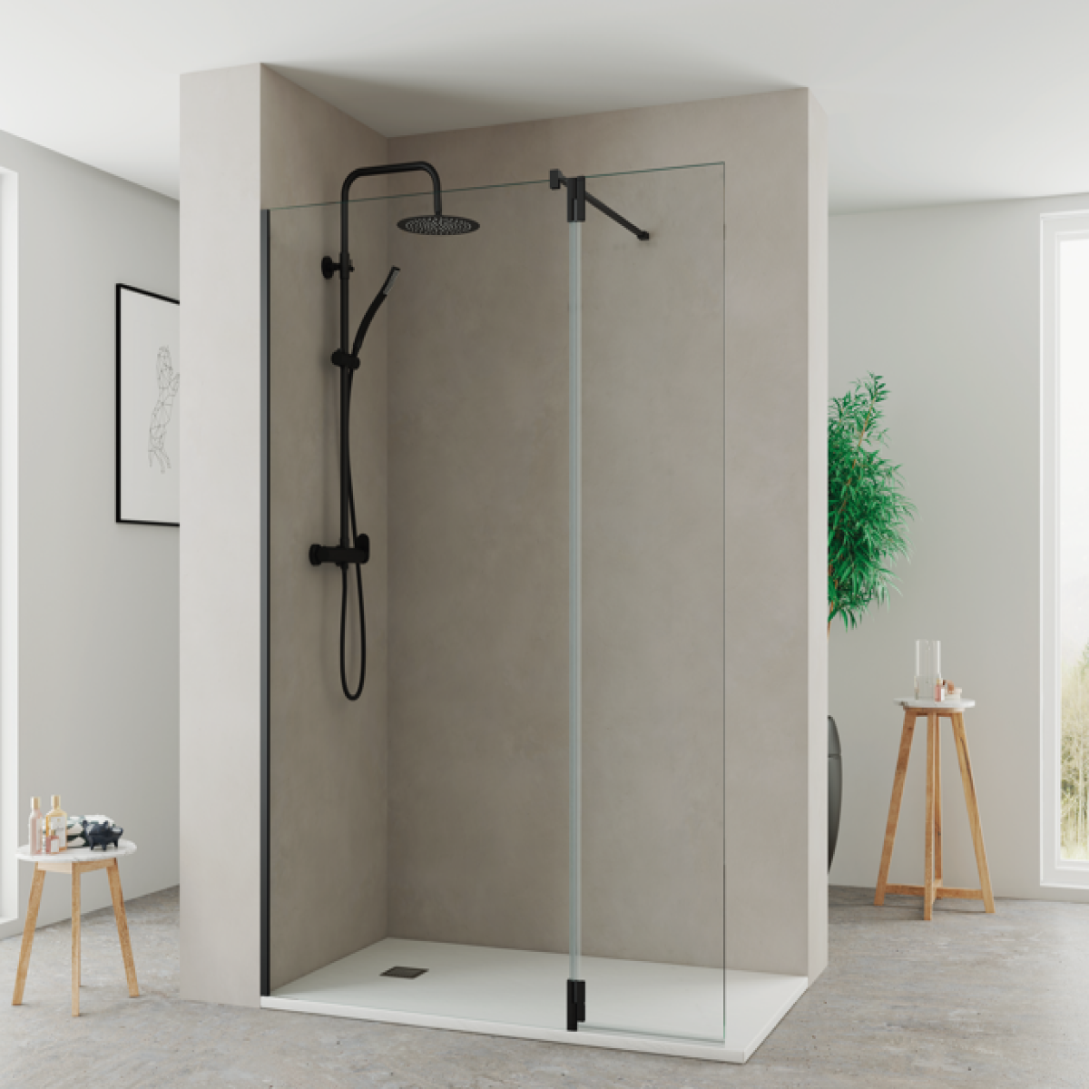 Puerta abatible de vidrio transparente para mampara de ducha panel fijo Extended Kassandra, herrajes en negro, diseño contemporáneo y elegante, Errefe Home
