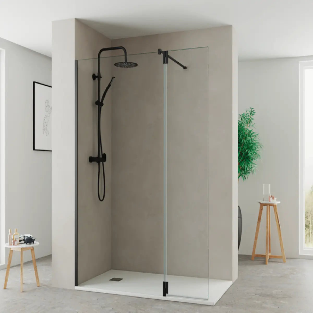 Mampara de ducha EXTENDED Becrisa vidrios transparentes, fijo + extensión abatible, herrajes negros, diseño funcional y espacioso, Errefe Home