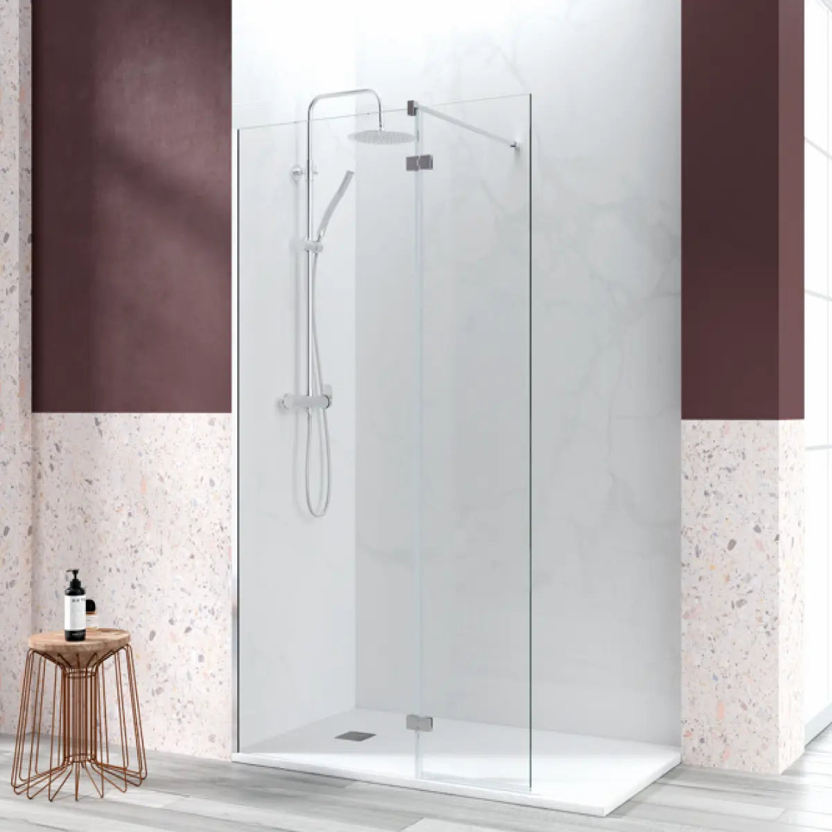 Mampara de ducha ZAHARA Becrisa vidrios transparentes, fijo + extensión abatible con bisagra y perfil cromo, diseño minimalista y estilizado, Errefe Home