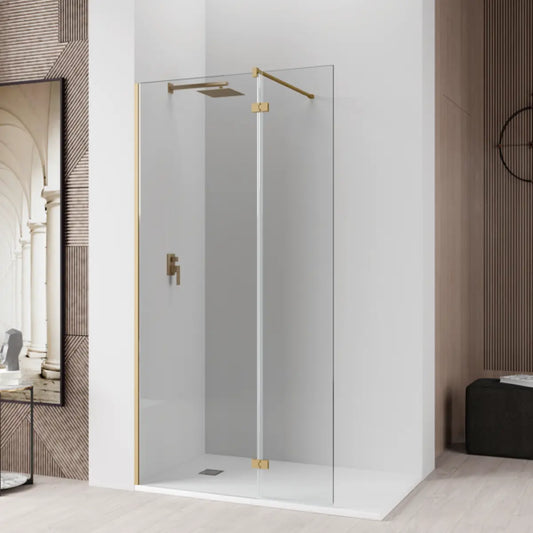 Mampara de ducha ZAHARA Becrisa vidrios transparentes, fijo + extensión abatible con bisagra y perfil color oro, diseño minimalista y estilizado, Errefe Home