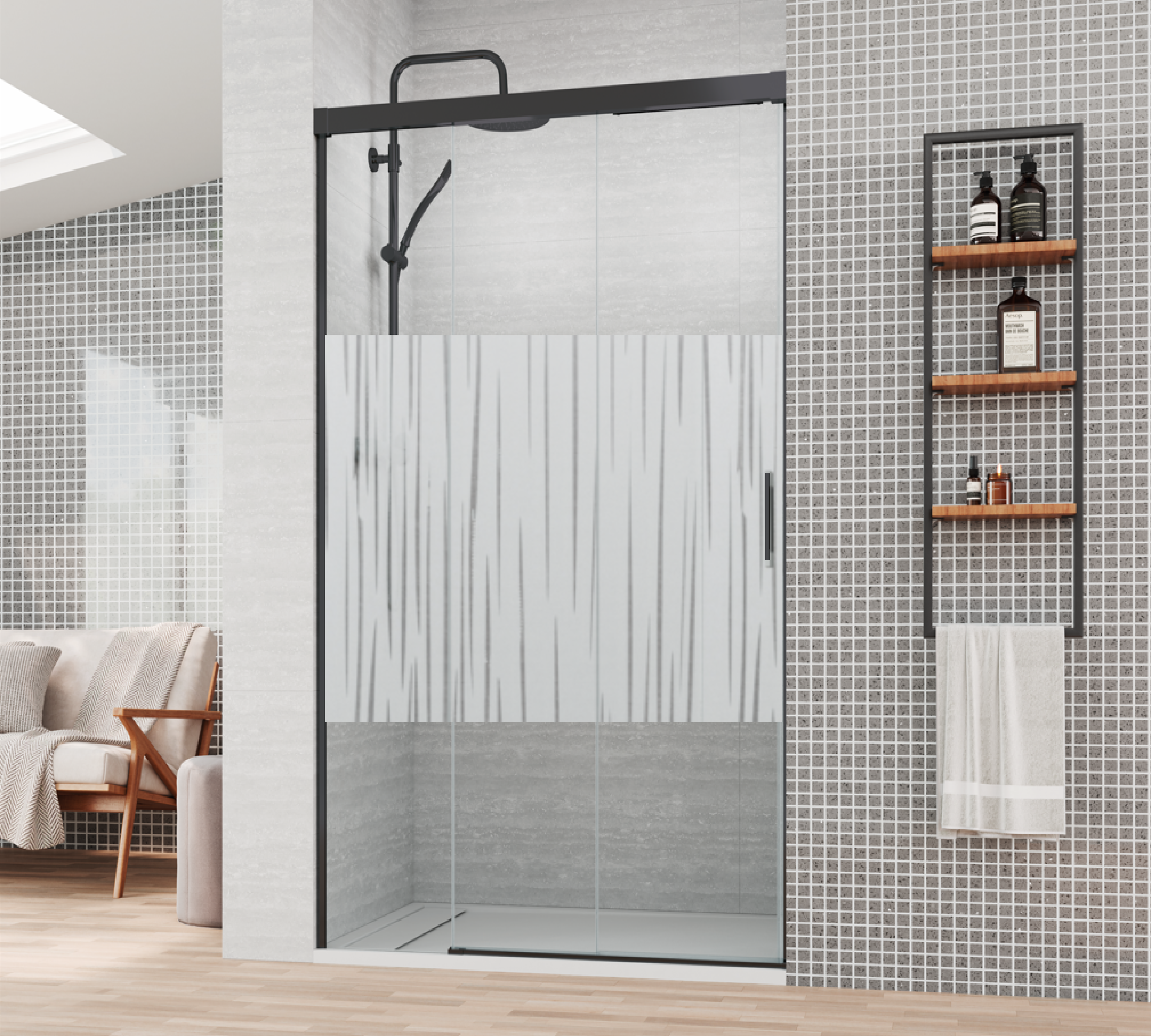 Mampara de baño corredera vidrios decorativos 1 fijo + 2 puertas sincronizadas TREVIÑO perfiles en negro