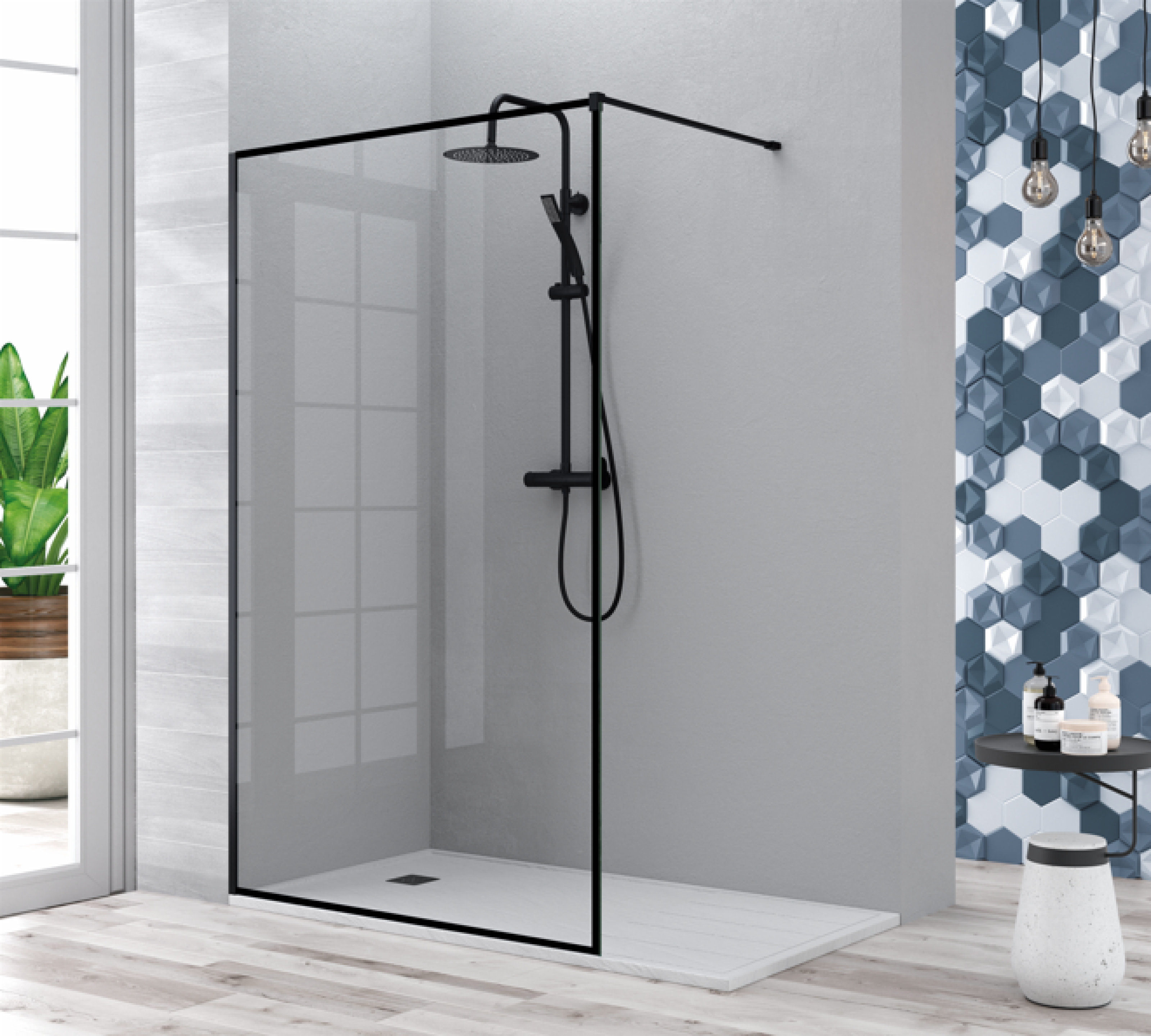 Mampara de ducha Manacor Becrisa, vidrio fijo decorativo perimetral con perfil en negro mate, estilo elegante y práctico, Errefe Home
