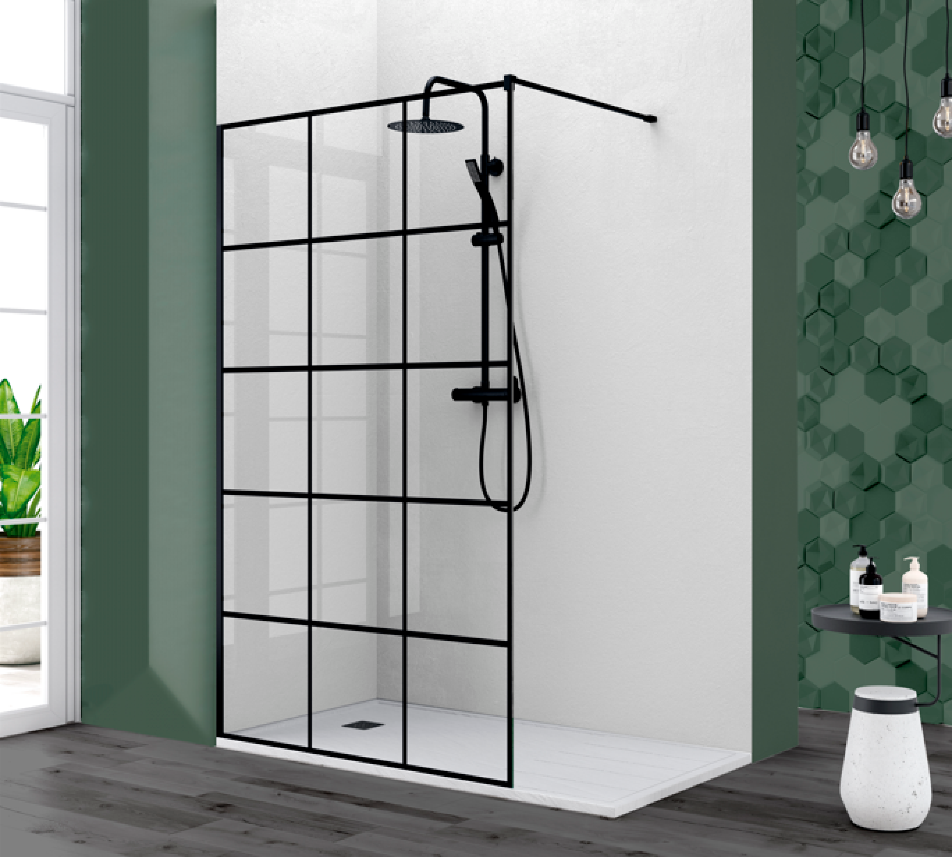 Mampara de ducha Denia Becrisa, vidrio fijo decorativo en cuadros, perfil negro mate, diseño industrial y de contraste, Errefe Home