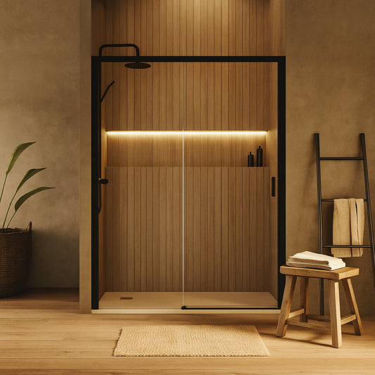 Mampara baño Tokio frontal 1 corredera 1 fijo negro diseño moderno Errefe Home