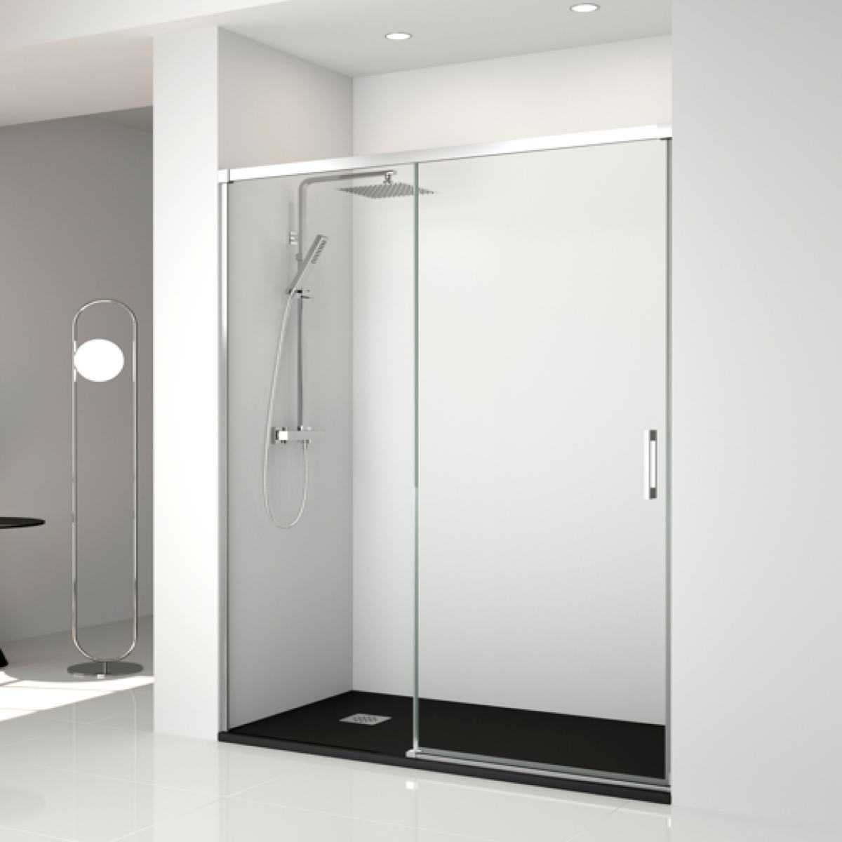 Mampara de ducha Yaiza Becrisa,vidrios transparentes, 1 puerta corredera + 1 fijo, perfil cromo, estilo minimalista, moderno y elegante, Errefe Home