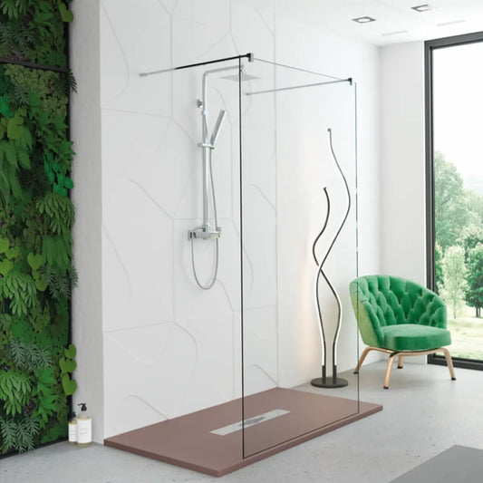 Mampara de baño Manacor Becrisa, vidrio fijo centrado tipo walk-in con perfiles en cromo vidrio transparente, minimalista y elegante, Errefe Home.