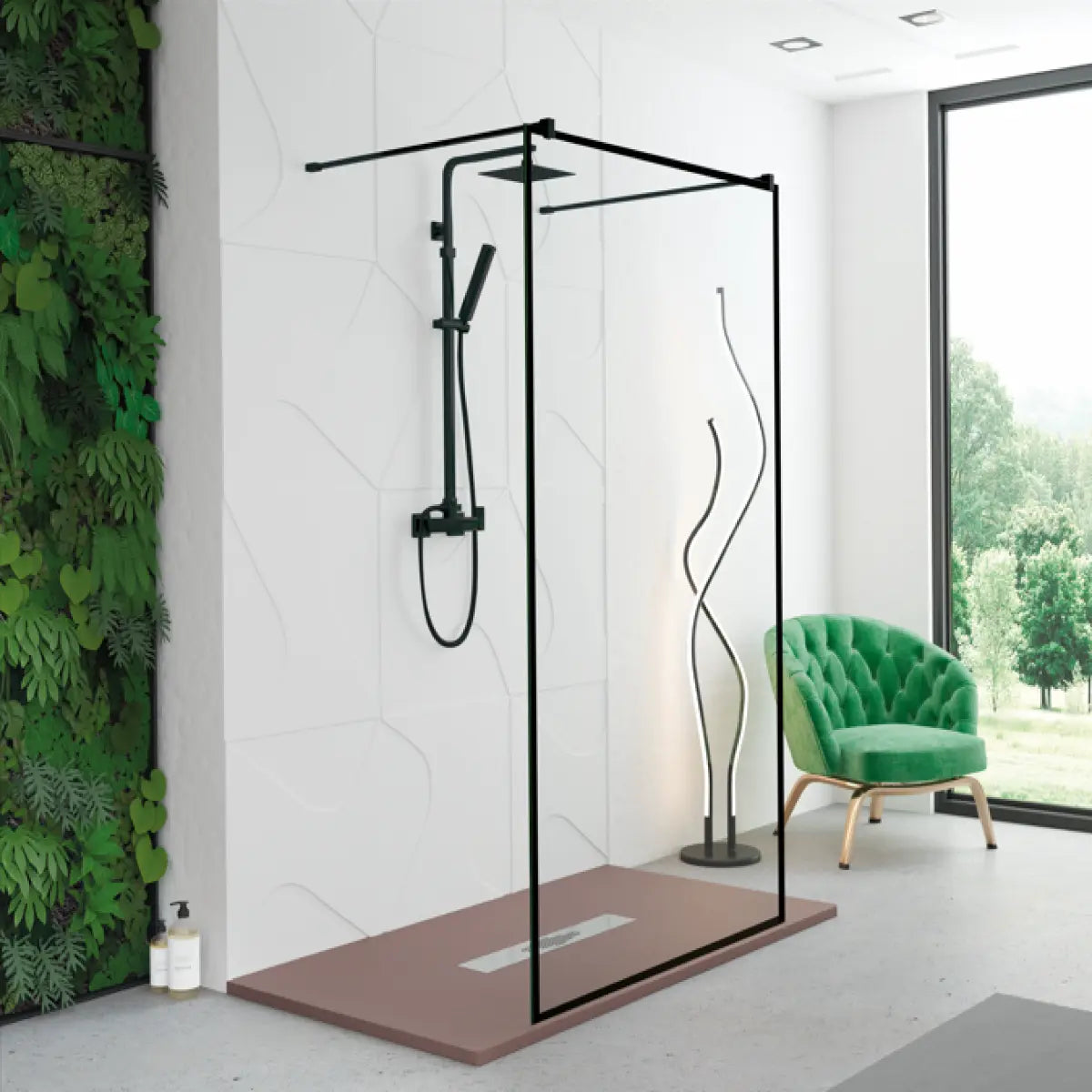 Mampara de baño Manacor Becrisa, vidrio fijo centrado tipo walk-in con perfiles en negro y cristal impresión digital, diseño minimalista y elegante, Errefe Home.