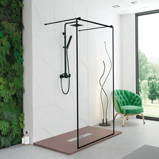 Mampara de baño Manacor Becrisa, vidrio fijo centrado tipo walk-in con perfiles en negro y cristal impresión digital, diseño minimalista y elegante, Errefe Home.