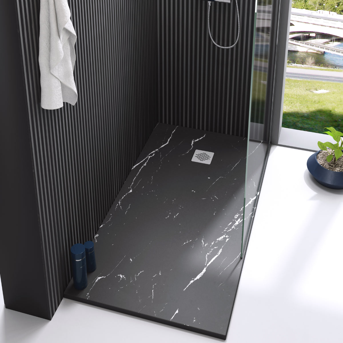 Plato de ducha Stone Quartz Becrisa, color Marquina, calidad premium, antideslizante, antibacteriano, duradero y ligero, Errefe Home