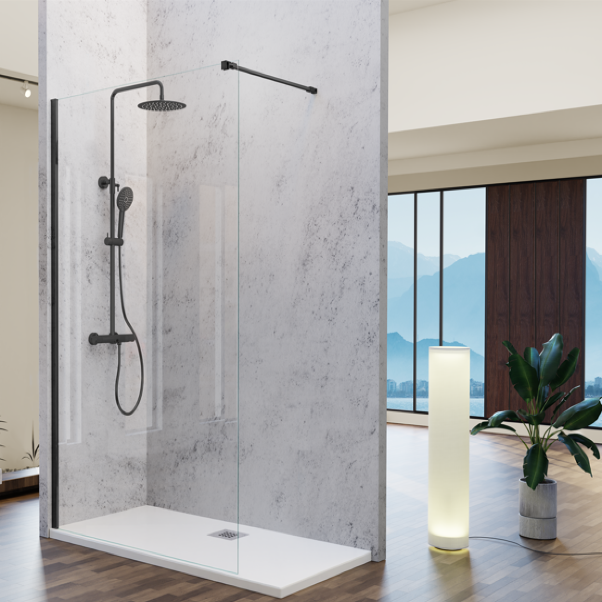 Mampara de ducha Fresh Kassandra, panel fijo de vidrio con perfil en negro mate, estilo moderno y elegante, Errefe Home
