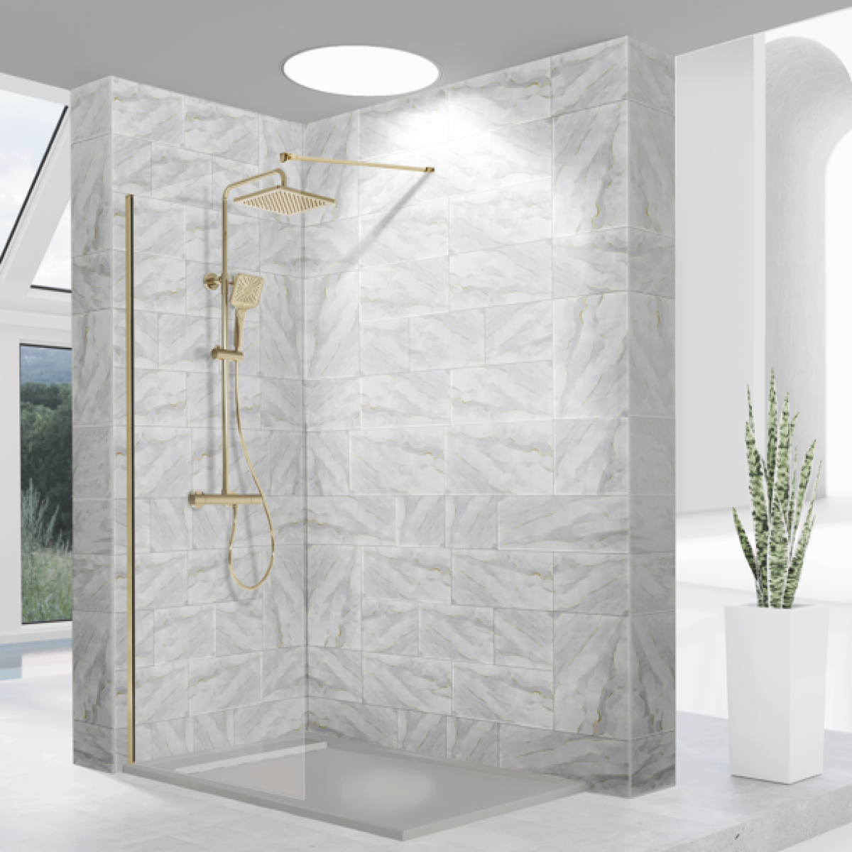 Mampara de ducha Fresh Kassandra, panel fijo de vidrio con perfil en oro cepillado, estilo moderno y elegante, Errefe Home