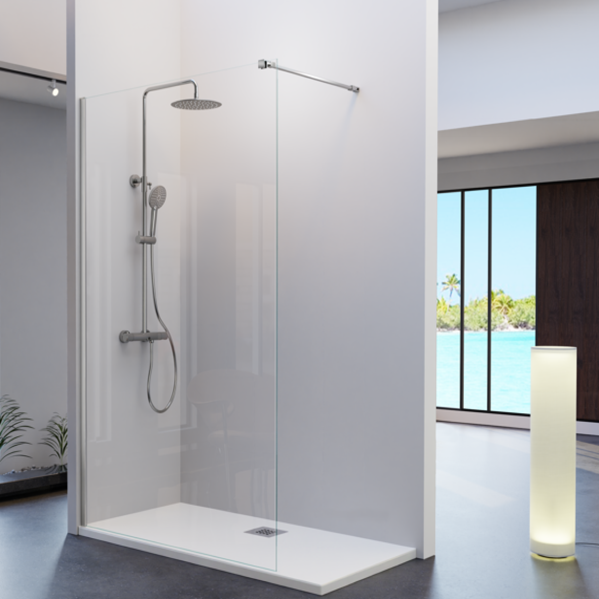 Mampara de ducha Fresh Kassandra, panel fijo de vidrio con perfil en plata brillo, estilo moderno y elegante, Errefe Home
