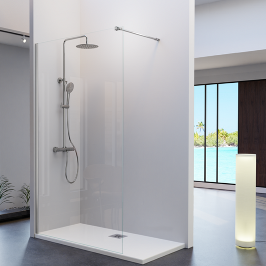 Mampara de ducha Fresh Kassandra, panel fijo de vidrio con perfil en plata brillo, estilo moderno y elegante, Errefe Home