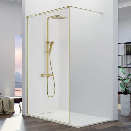Mampara de ducha fija Fresh Arena Kassandra, vidrio transparente, perfil en oro cepillado, estilo elegante, diseño minimalista, Errefe Home