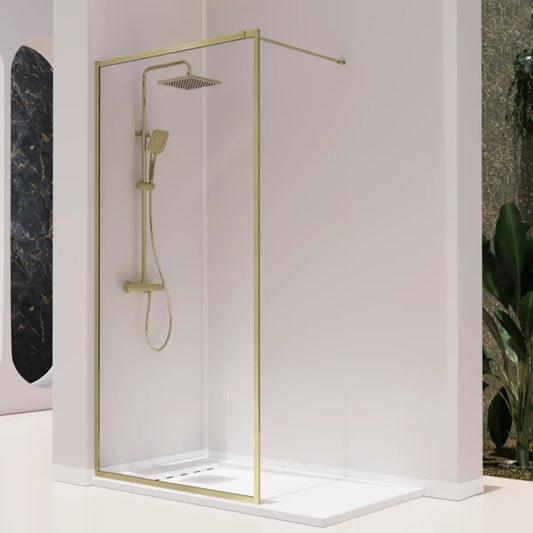 Mampara de ducha Fresh Kassandra, panel fijo con cerco perimetral en oro cepillado, vidrio transparente, diseño contemporáneo y elegante, Errefe Home
