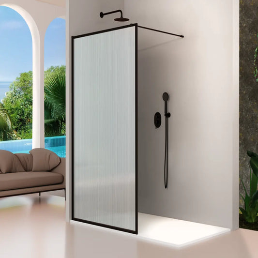 Mampara de ducha cerco fijo, vidrio decorativo acanalado, perfil negro mate, diseño sofisticado y actual, Errefe Home