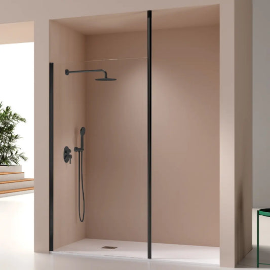 Mampara de ducha Levante Kassandra, vidrio fijo con perfil en negro, diseño versátil y funcional, Errefe Home
