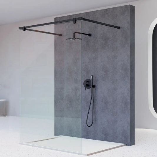 Mampara de ducha panel fijo Fresh Salomon Becrisa, con 2 barras de sujeción de 90 cm en acero inoxidable acabado negro mate, diseño ligero, Errefe Home.