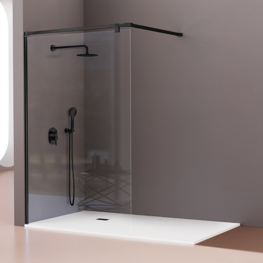 Mampara de ducha Fresh Salomon Kassandra, vidrio fijo con barra a 90º de 90 cm en inox negro mate, diseño funcional y versátil, Errefe Home