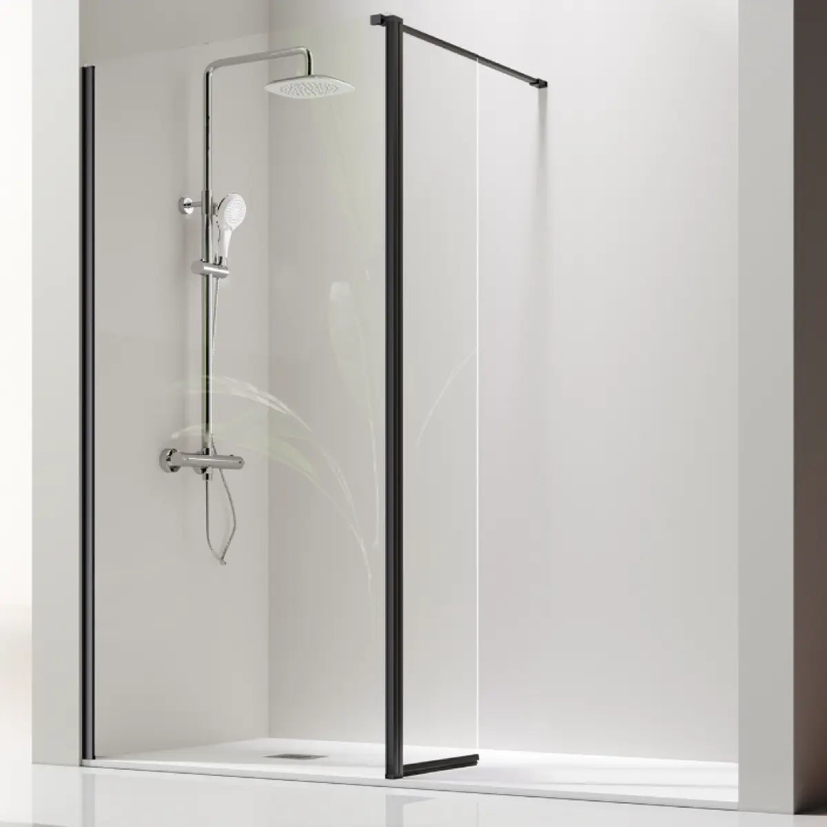 Mampara de ducha Giro de Kssandra vidrio transparente fijo + abatible, perfil en negro, diseño práctico y estético, Errefe Home