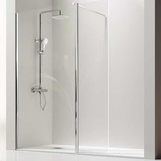 Mampara de ducha Giro de Kssandra vidrio transparente fijo + abatible, perfil en plata brillo, diseño práctico y estético, Errefe Home