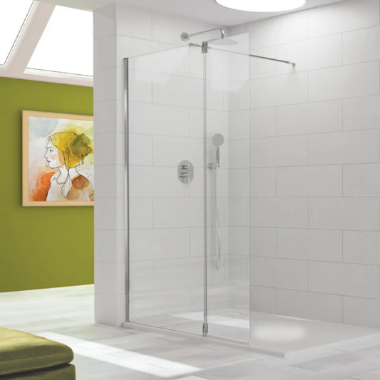 Mampara de ducha TUTTI Kassandra vidrios transparentes, fijo + extensión abatible con bisagra y perfil plata brillo, diseño innovador y avanzado, Errefe Home