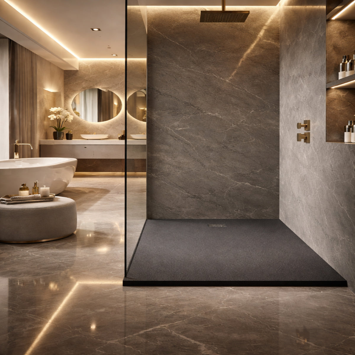 Plato de ducha de resina color antracita, antideslizante, higiénico y duradero, facil de limpiar. Errefe Home