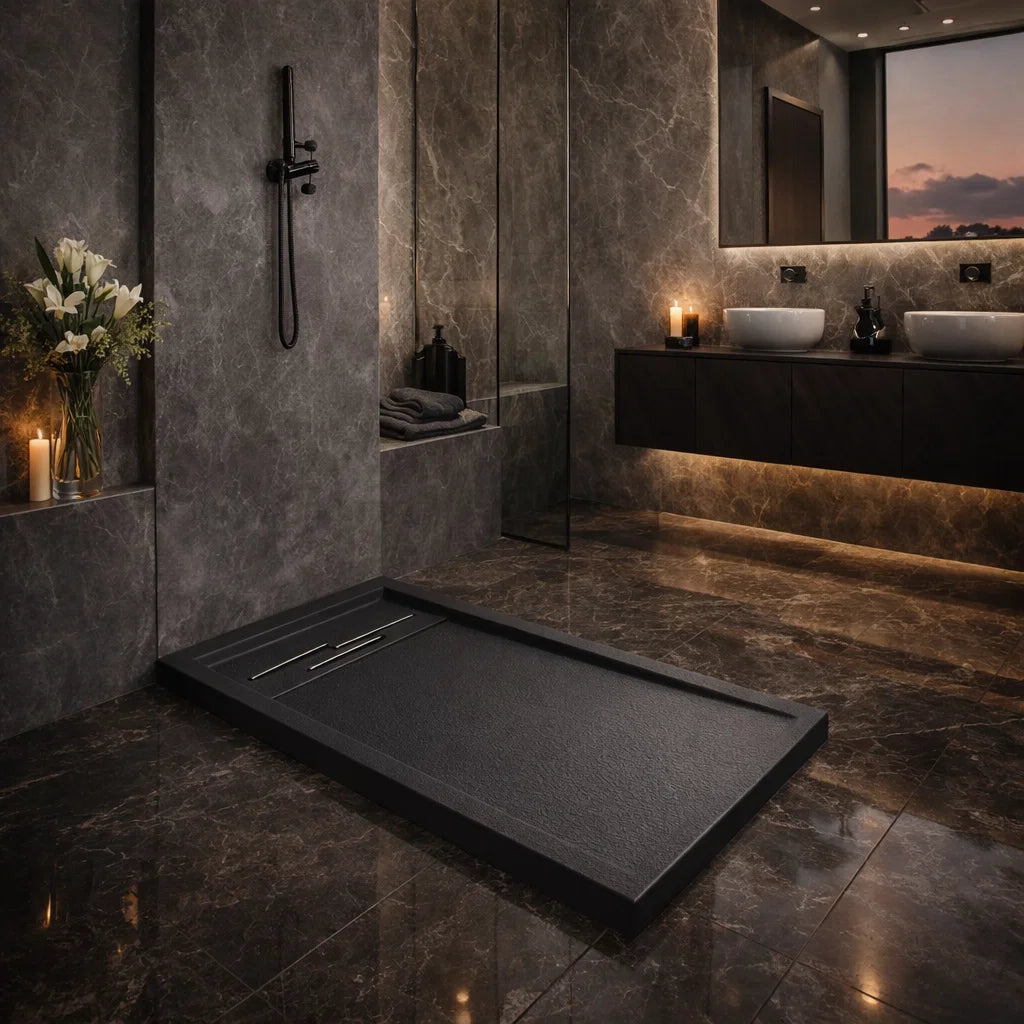 Plato de ducha Gel Coat, resina, acabado piedra, color antracita, elegante, antideslizante e higiénico Errefe Home