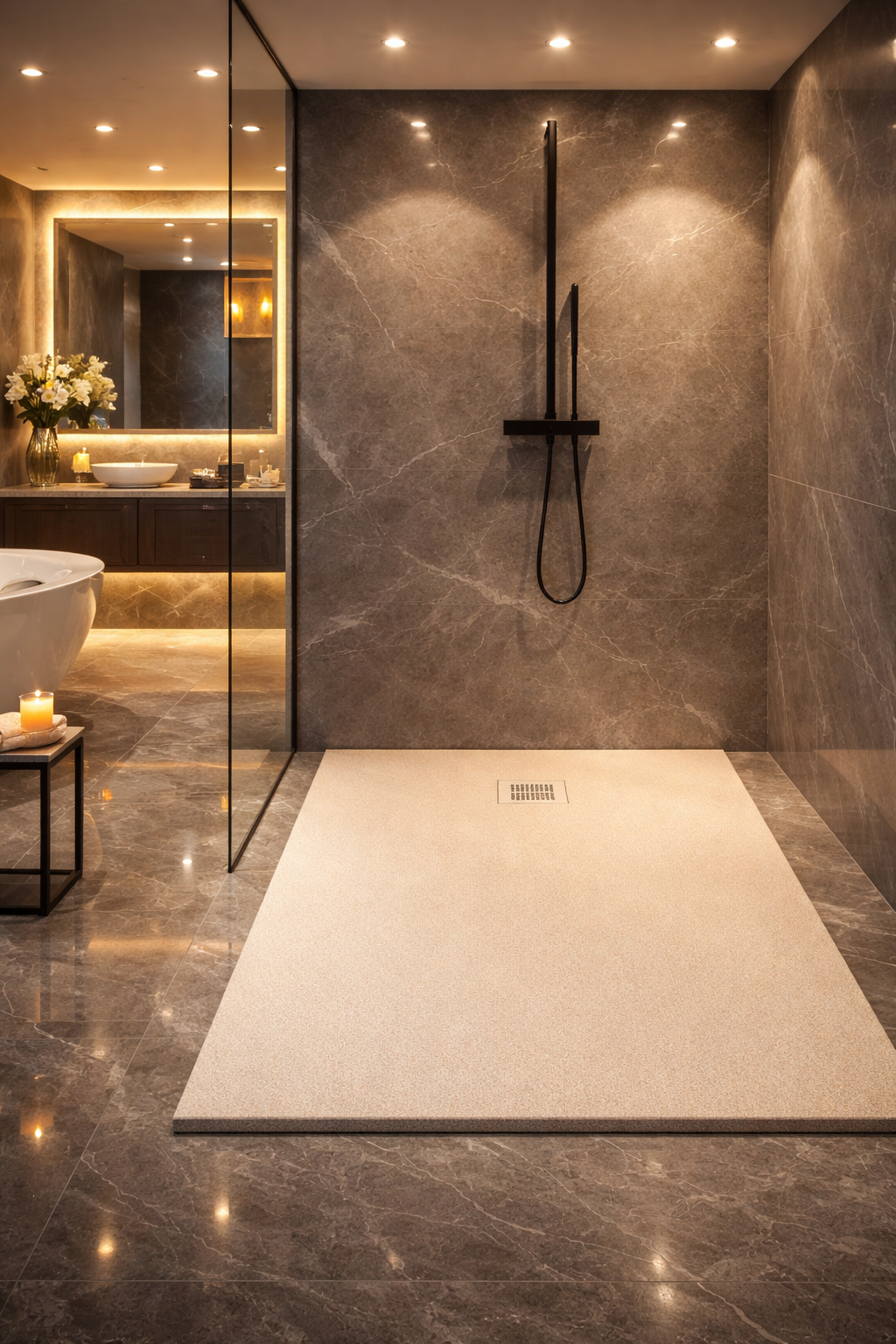 Plato de ducha de resina, Gel Coat Becrisa, acabado piedra, color BEIGE, antideslizante, higiénico y duradero, Errefe Home