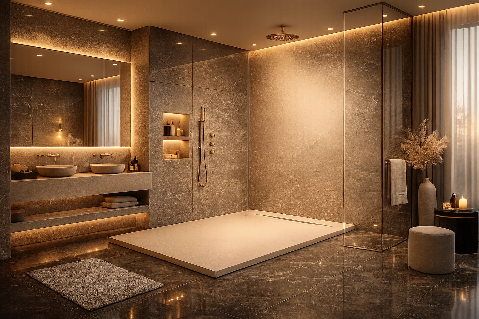 Plato de ducha de resina de Becrisa, color beige, antideslizante, higienico y extra plano. Errefe Home