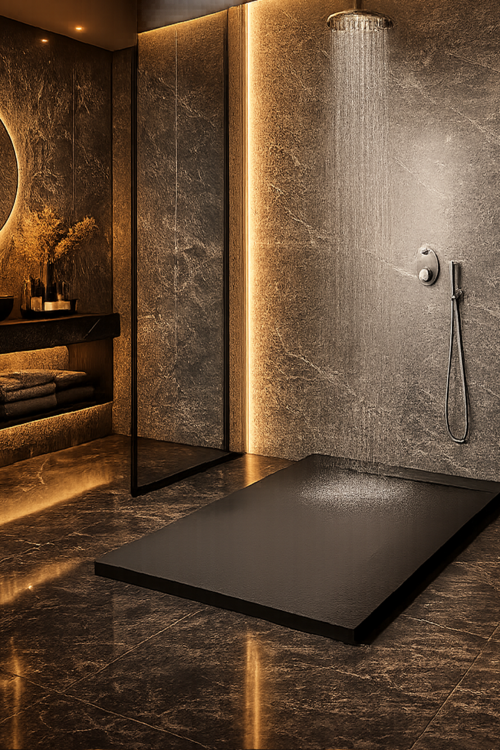 Plato de ducha de resina, Gel Coat, Gandía Plus acabado piedra, color antracita, antideslizante, higiénico y duradero, Errefe Home